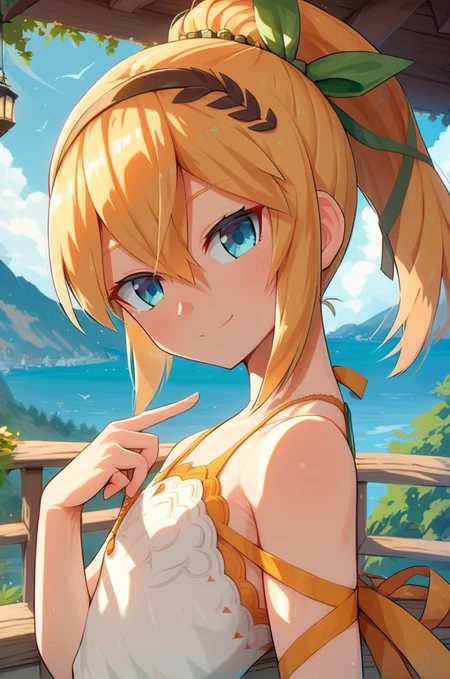 score_9, score_8_up, score_7_up, very aesthetic, source_anime, detailed, high quality, beautiful, masterpiece,
<lora:lightXL:0.8> neolight,scenery, outdoors, village, tree, mountain view, daylight,
cowboy shot, upper body, close up, first person view,
flat chest, naughty smile, dynamic pose, hand on chin, looking at viewer,
<lora:edna_v03:1>
ednadef, short hair, blonde hair, orange hair, high ponytail, blue eyes, hair between eyes, white dress, sleeveless dress, boots, leg ribbon, brown hairband, green hair ribbon,, zPDXL