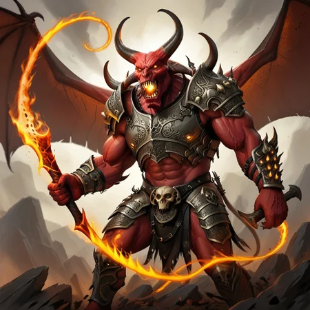 balor, wings, solo, horns, fire, armor, demon, weapon, no humans, red skin, 1boy This image is a highly detailed digital painting of a fantastical, demonic figure. The creature, a demonic warrior, stands in a powerful, dynamic pose, with a menacing expression. Its body is a deep, fiery red, with muscular, imposing physique, and it has a menacing, humanoid form with a mix of human and demonic features. The figure's head is that of a demon, with horns, a snarling mouth, and glowing red eyes.   Its arms are muscular and end in sharp, claw-like hands. The creature wears dark, armor-like shoulder pads on its shoulders, adorned with intricate, glowing patterns that match the fiery aura emanating from it. The armor is black with a hint of dark red, enhancing the fiery theme.  The creature's wings, large and bat-like, are a darker, more muted brown, partially transparent, and seem to be made of a leathery material. Flames and glowing energy swirl around its body, particularly around its wings and hands, adding to the fiery, demonic appearance.  In its right hand, it holds a massive, curved sword with a serrated blade and a handle adorned with skulls, which glows with the same fiery energy as the rest of its body.