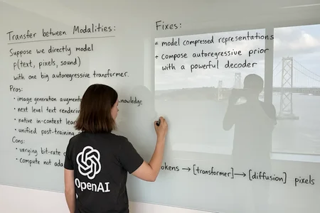 A wide image taken with a phone of a glass whiteboard, in a room overlooking the Bay Bridge. The field of view shows a woman writing, sporting a tshirt wiith a large OpenAI logo. The handwriting looks natural and a bit messy, and we see the photographer's reflection.

The text reads:

(left)
"Transfer between Modalities:

Suppose we directly model
p(text, pixels, sound) [equation]
with one big autoregressive transformer.

Pros:
* image generation augmented with vast world knowledge
* next-level text rendering
* native in-context learning
* unified post-training stack

Cons:
* varying bit-rate across modalities
* compute not adaptive"

(Right)
"Fixes:
* model compressed representations
* compose autoregressive prior with a powerful decoder"

On the bottom right of the board, she draws a diagram:
"tokens -> [transformer] -> [diffusion] -> pixels"