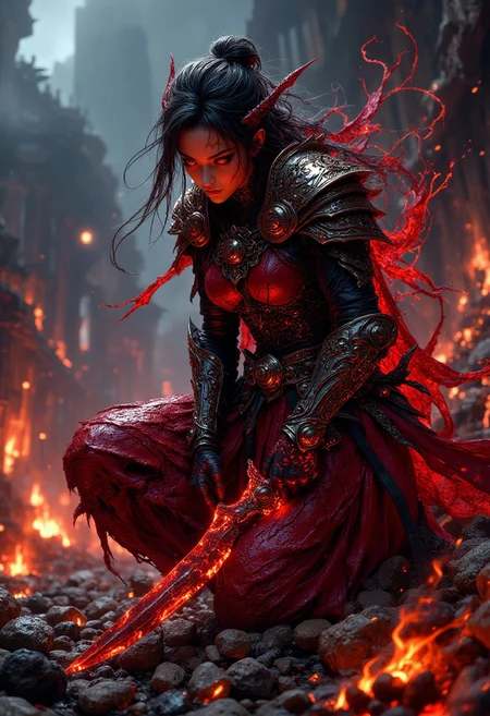 high detail,masterpiece,4K resolution, sharp, anime illustration of a Spawn cinematic Action Scene of a woman. she is looking like Mulan. her traditional warrior armor has been transformed into dark, metallic red and black armor that fuses with Spawn’s iconic look. Her sword is now covered in glowing runes, and her armor is enhanced with spiked shoulder pads and clawed gauntlets. Her hair is loosely tied back, but with streaks of glowing crimson running through it. she is crouched low, mid-battle, with her sword raised and ready to strike. Black energy swirls around her. Her expression is intense, showing her fearless warrior spirit as she prepares for combat.A burning battlefield with ruins of an ancient palace behind her. The ground is littered with broken weapons and smoldering fires. Dark, smoky clouds hang low in the sky, illuminated by flashes of red lightning, creating a sense of chaos and destruction in the scene