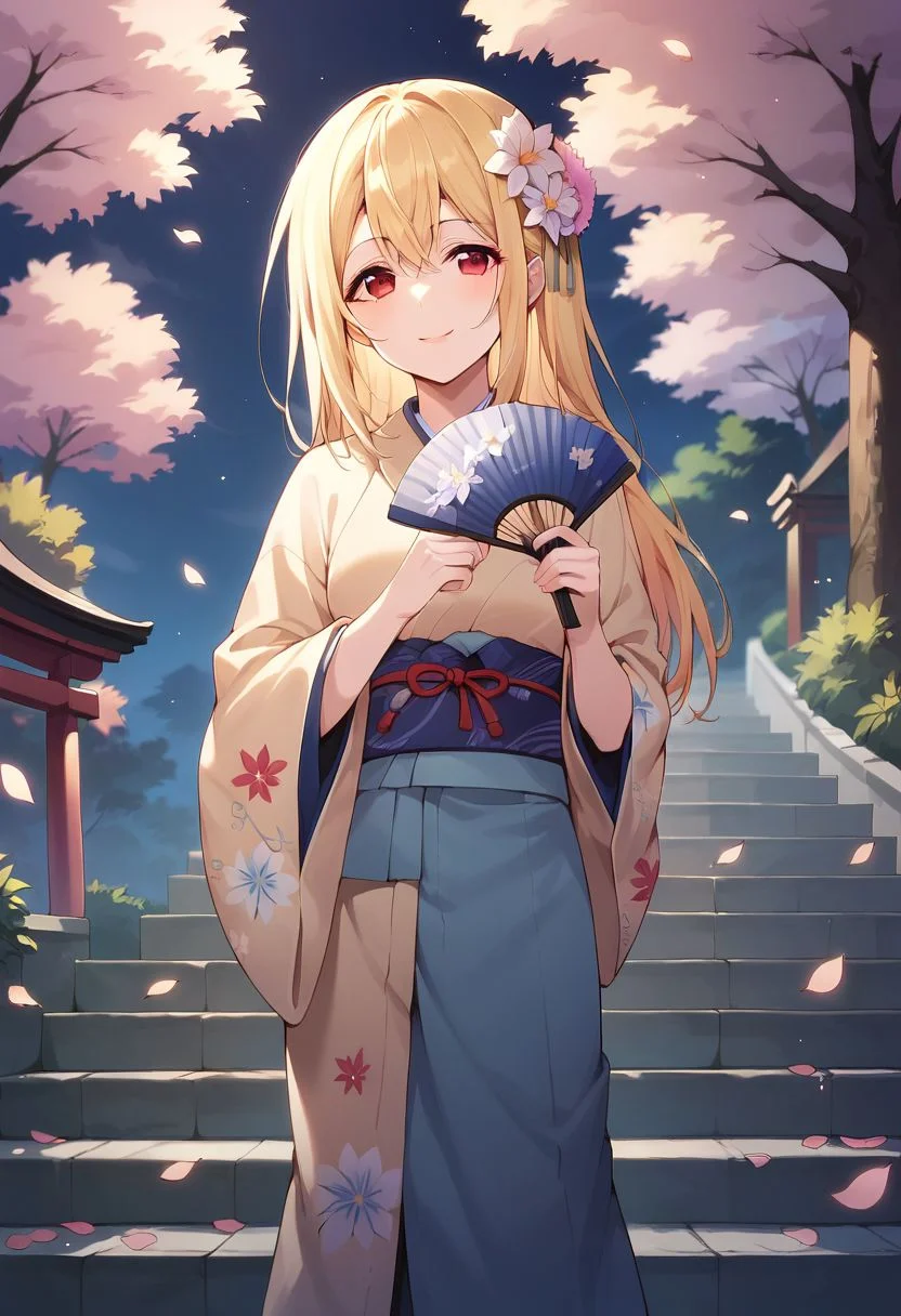 score_9, score_8_up, score_7_up,amane lily, blonde hair, red eyes, 1girl, long hair, solo, hair ornament, hand fan, japanese clothes, petals, tree, smile, hair flower, floral print, flower, night, stairs