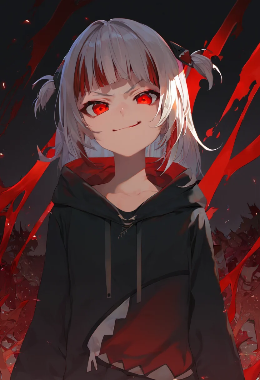 score_9, score_8_up, score_7_up, high resolution, masterpiece, high quality, best quality, highly detailed, rating questionable, detailed background, <lora:guraXL:1>, gura_red, dark persona, red eyes, streaked hair, two side up, shark hair ornament, blood, shark tail, black hoodie, evil smirk, evil
