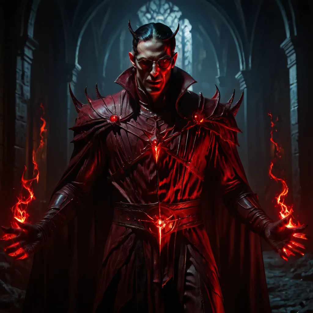 Gothic style <lora:DFOP-V3.0:1>Demiurge, the cunning demon from Overlord, tall and slender build, exuding an air of intellect and malice, slicked-back black hair, sharp angular facial features, glowing crimson eyes full of confidence, wearing perfectly round glasses that glint subtly in the light, a sly smirk on his lips, dressed in a striking red suit with subtle lighter red pinstripes, a matching deep red cravat, and a long black cape with crimson lining, pointed demonic ears and sharp clawed hands adding to his menacing elegance, standing in a dark, gothic environment with glowing arcane symbols and an ominous fiery glow in the background, dynamic lighting, cinematic style, masterpiece, best quality, newest, absurdres, highres, anime art style, high detail . Dark, mysterious, haunting, dramatic, ornate, detailed
