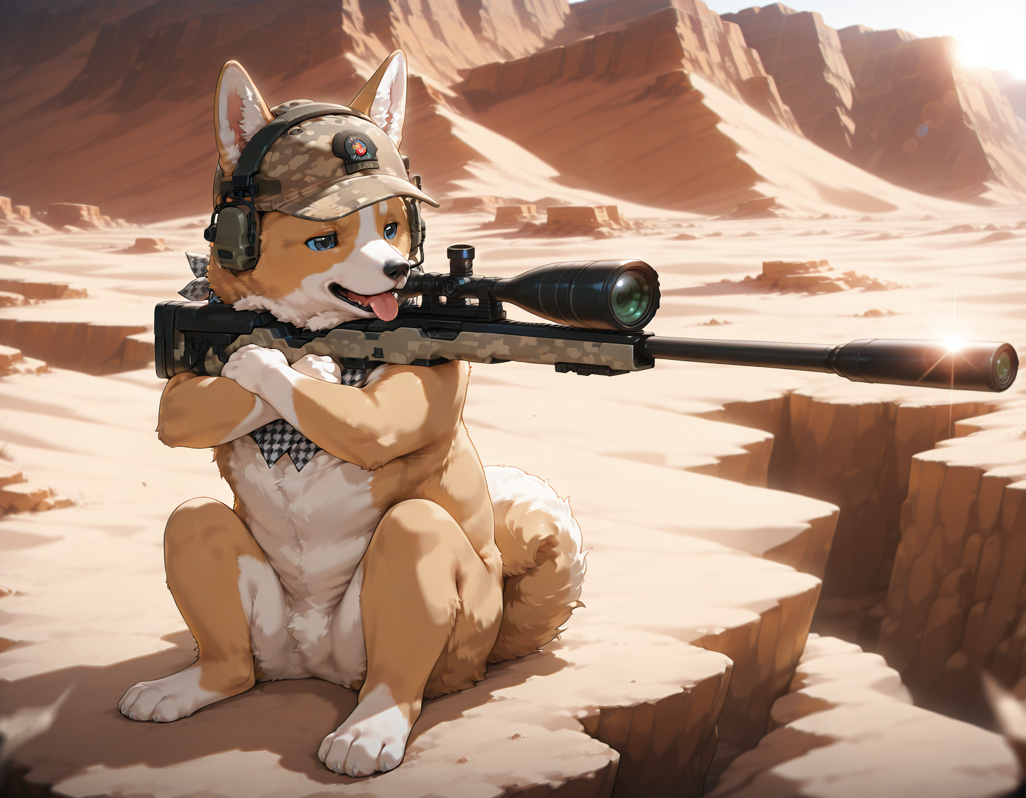 masterpiece, best quality, amazing quality, very aesthetic, absurdres,sunlight, heat, arid, on a cliff,lense flare,chromatic aberration
, 1other, welsh corgi,tongue out,detailed eyes,animal focus, no humans,black and white houndstooth neckerchief,fluffy fur,fluffy ears,desert camouflage hat,paws,headset
,5n1p3r_cr4dl3, sniper on arm, holding desert camouflage sniper,crossed arms, arm on top, sitting, wrist grab, cradle
, <lora:seated_sniper_cradle_ill_v3.5:1>