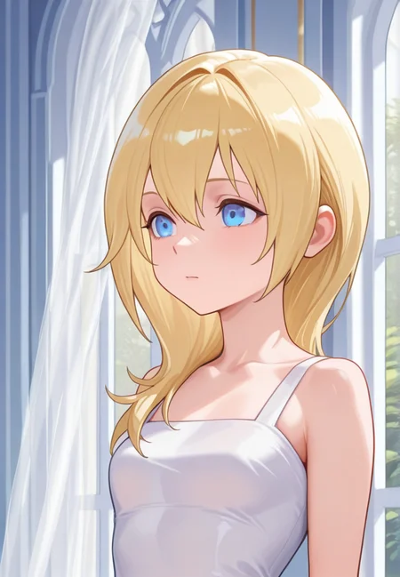masterpiece, best quality, amazing quality, very aesthetic, absurdres, newest, detailed background, upper body,indoors, curtains, palace
naminekh, 1girl, solo, blue eyes, blonde hair, long hair, hair between eyes, dress, white dress, bare shoulders, outdoor,
<lora:Namine_-_Kingdom_Hearts_Illustrious:1>