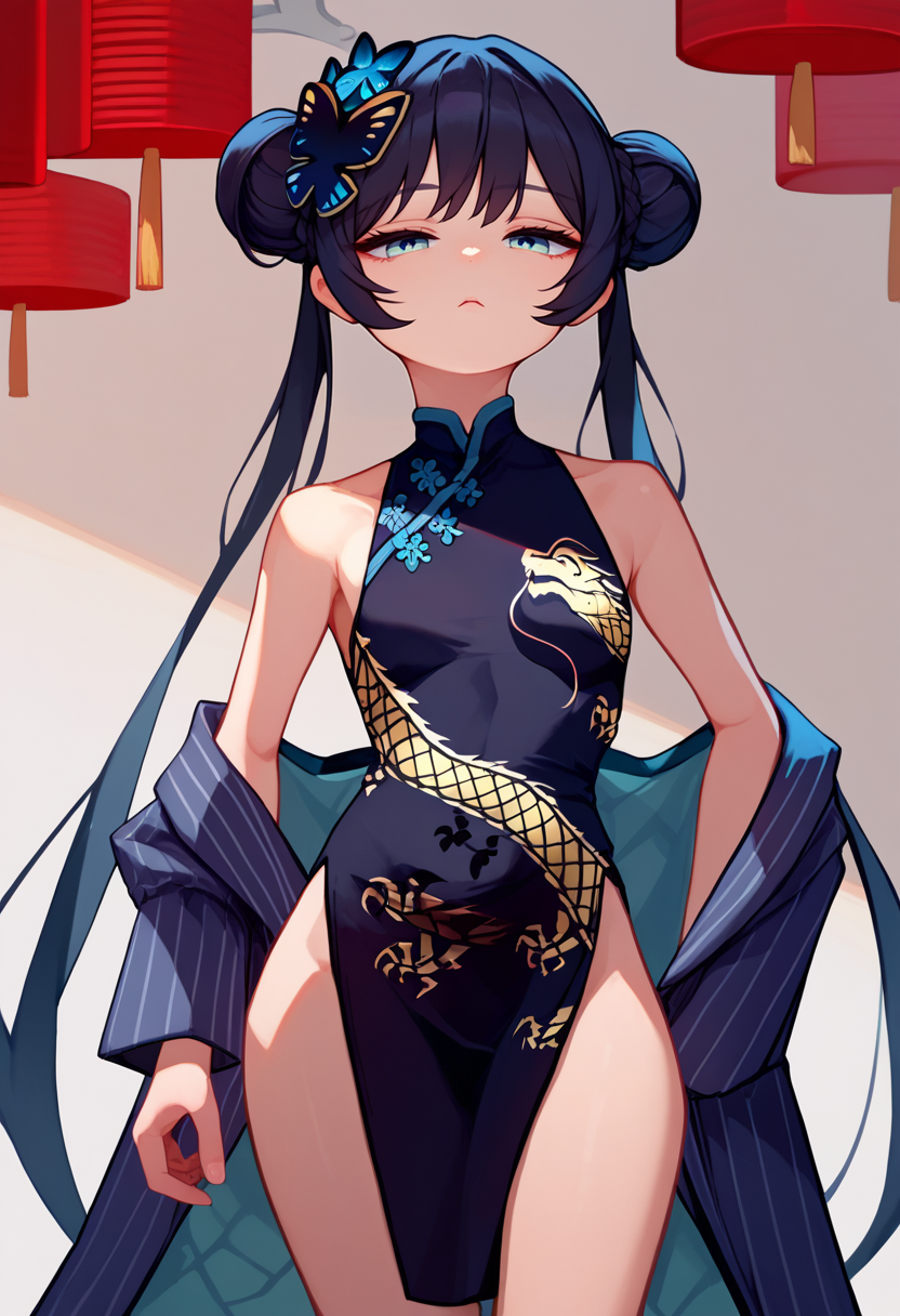 score_9, score_8_up, score_7_up, 1girl, ksak, black hair, double bun, low twintails, china dress, hair ornament, open jacket,   <lora:Kisaki 3-000007:1>