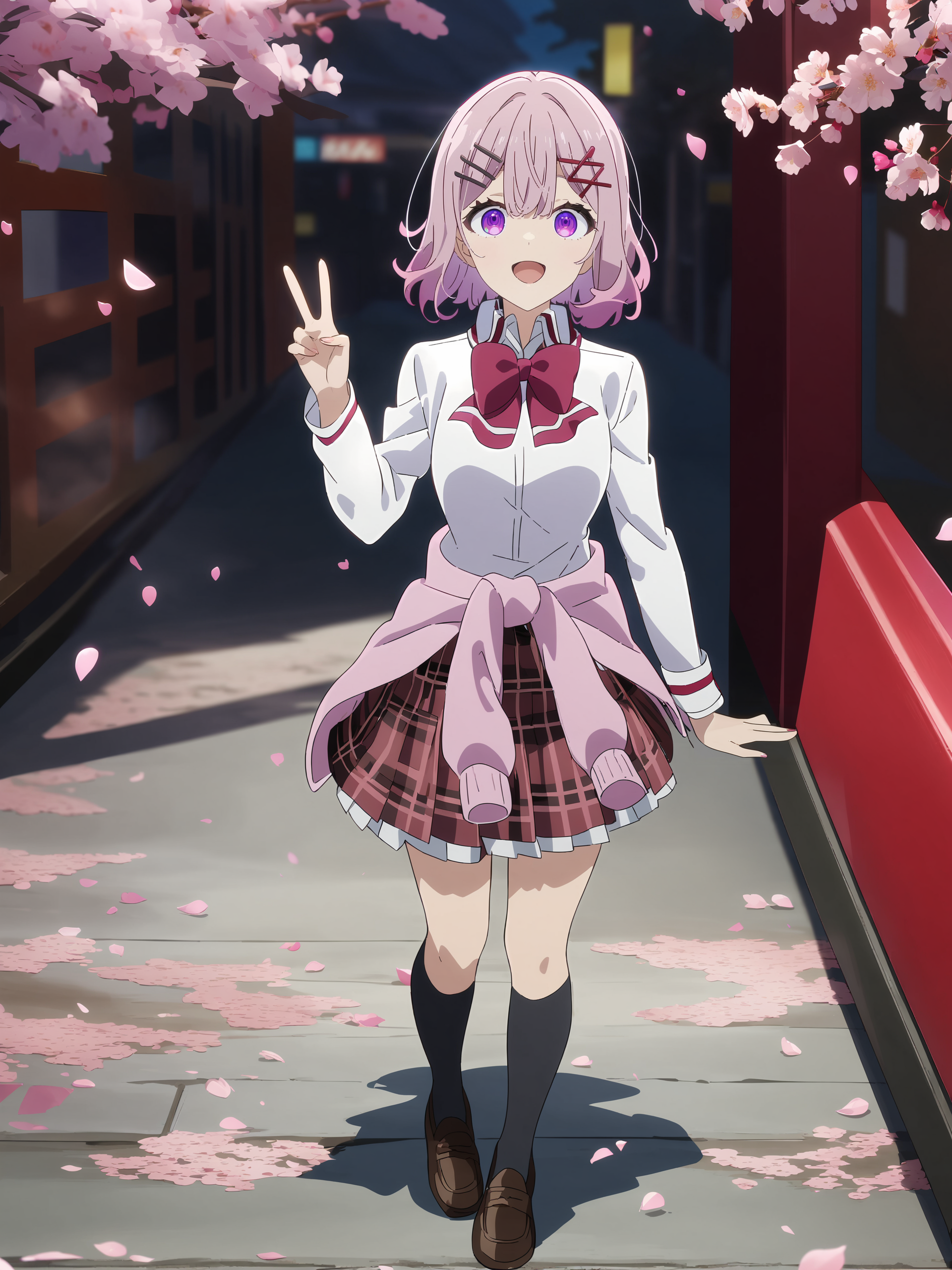 1girl, amaori renako, solo, purple eyes, hairclip, school uniform, pleated skirt, plaid skirt, white collared shirt, red bowtie, clothes around waist, loafers, black kneehighs, double v, looking at viewer, smile, open mouth, standing, full body, outdoors, street, cherry blossoms, petals, depth of field <lora:Char-Amaori_Renako-V1-SDXL:0.9>, anime screenshot, incredibly absurdres, ultra detailed, masterpiece, best quality, perfect features, intricate details, ray tracing, very aesthetic, [<lora:XL-detailed_notrigger:0.95>::0.5], [:<lora:XL-aesthetic_anime:0.6>:0.3]