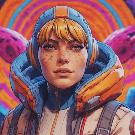 Psychedelic style portrait of wattson (apex legends) woman <lora:Watts0n:0.6>, dancing in a lab background, high contrast . Vibrant colors, swirling patterns, abstract forms, surreal, trippy