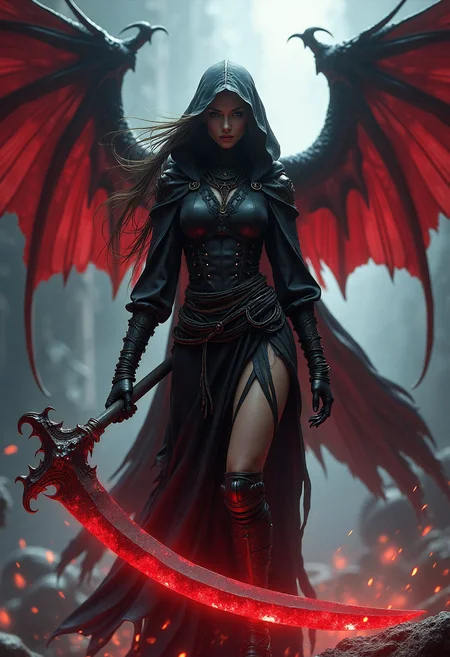 image depicting a slender female blood angel holding a serrated scythe made of lightning, wearing asymmetrical full rogue shroud with with wings made from souls feathers, in an ethereal spire during a sudden demonic onslaught, whispering winds, haunting atmosphere, highly detailed, masterpiece, 4k