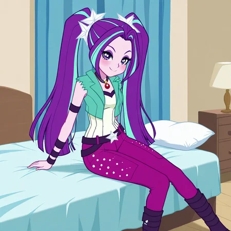 masterpiece, best quality, amazing quality, very aesthetic, absurdres, newest, score_9, score_8_up, 1girl, solo, aria, purple hair, purple eyes, long hair, twintails, streaked hair, star ornament, hair ornament, eyeshadow, colored skin, shirt, half-waist jacket, green jacket, sleeveless, red necklace, arm bands, belt, star /(symbol/), purple pants, boots, sitting, smile, blushing, big chest, large breats, large hips, cute, adorable, happy, bedroom, blue bed, 2d,