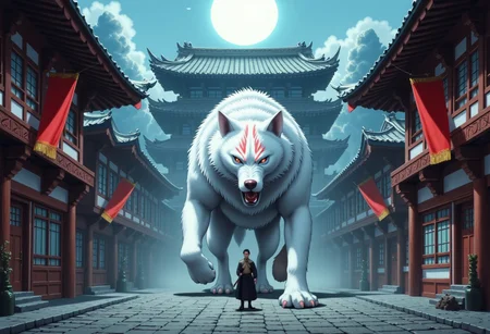 anime style Hyper detail fairtales illustrator art. The epic dramatic darktale style cinematic scene. The Mythical Creature of Giant White stripes Wolf in middle of the Shinto Temple, the wolf have Mythic stripes pattern on the fur, the Moon Emblem on forehead, Lighting ruby eyes, in ready for attack position. Golden runes golden cybernectic line decorate, Grimmdark. (Ultra-detail, 32k, Masterpiece, High Quality, Detailed Realistic Background, Official Art,).