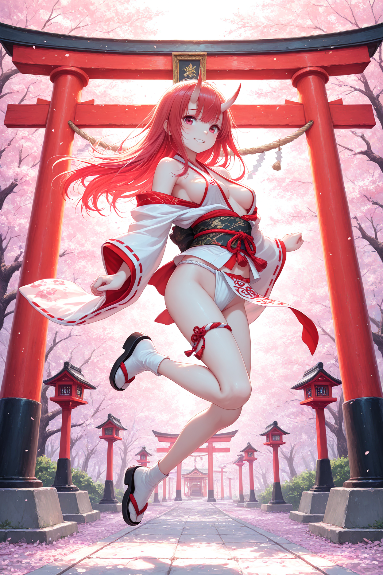 1girl, oni, white skin, pale, horns, red hair, asian-inspired clothing, revealing outfit, fundoshi, bare shoulders, breasts, dynamic pose, jumping, mid-air, smile, looking back
BREAK
traditional japanese landscape, cherry blossom trees, torii gate, shinto shrine, soft lighting, light particles, pastel colors, masterpiece, best quality, absurdres