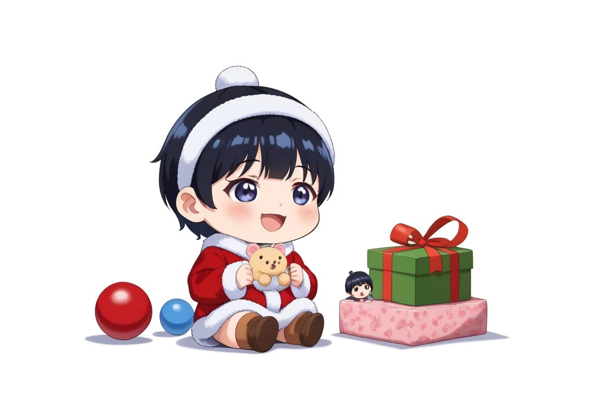 chibi solo, 1girl, medium black hair fluffy blue hanfu, wide long sleeves white hanfu, funny, chibi sitting, infant, toddler,
Fat chibi open christmas gifts, medium, baby, infant, toddler,
Toy plushie, opened mouth, smile, giggled, white background, christmas party, chibi, chibi, infant, force side view, force from side,