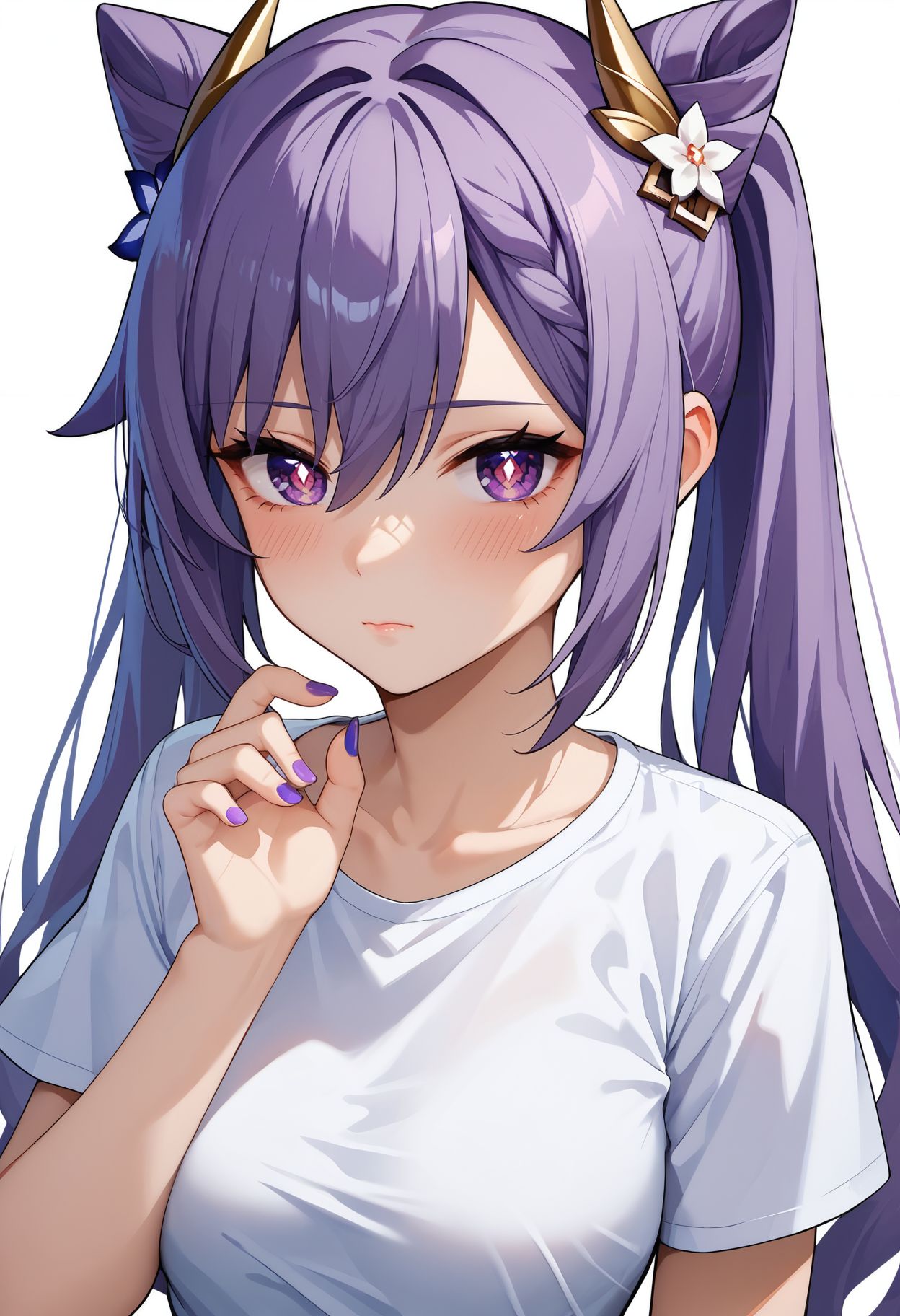 score_9,score_8_up,score_7_up, <lora:keqing_genshin_impact_pdxl_goofy:1>keqing,1girl, blush, breasts, closed mouth, cone hair bun, diamond-shaped pupils, diamond \(shape\), double bun, hair between eyes, hair bun, hair ears, hair ornament, long hair, looking at viewer, medium breasts, nail polish, purple eyes, purple hair, shirt, short sleeves, solo, symbol-shaped pupils, twintails, upper body, white background, white shirt
