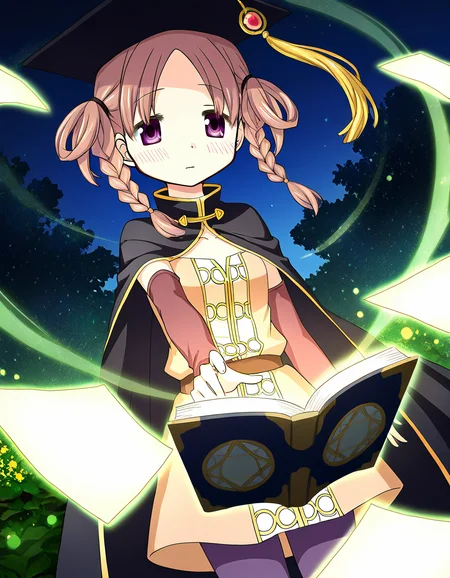 masterpiece, best quality, newest, absurdres, highres, safe, 1girl, hiiragi nemu, magia record: mahou shoujo madoka magica gaiden, open book, casting spell, paper, garden, night, dutch angle, <lora:hiiragi_nemu_noobaiXLNAIXL_vPred10Version:0.7>