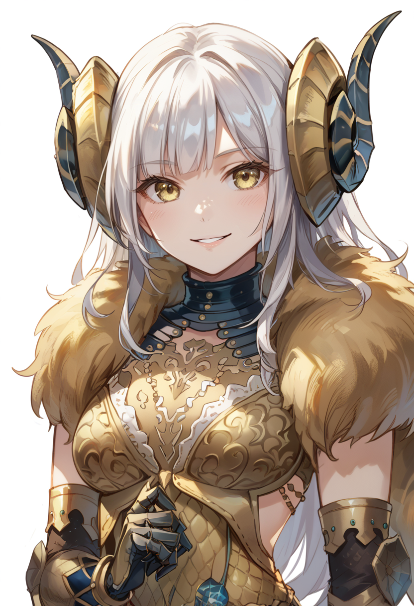 (score_9:0.9),score_8_up,score_7_up,rating_safe,anime style,(zPDXL),<lora:Kulve Taroth Alpha Armor ponyXL v1.3:0.72>, kulve taroth alpha armor, 1girl, gold horn, solo, long hair, looking at viewer, gold gauntlets, white background, upper body, smile, blush, parted lips, simple background, white hair, yellow eyes