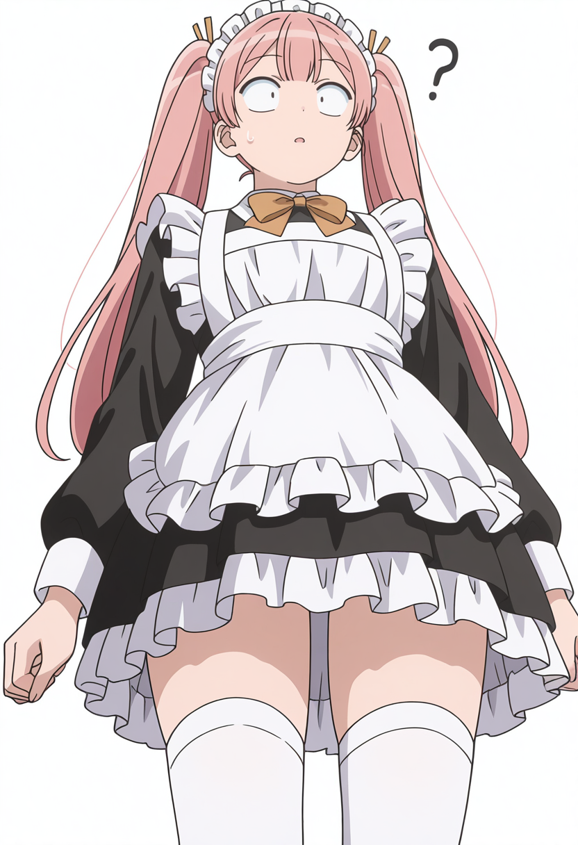 Smooth Quality,masterpiece,very intricate, high quality details, ultra realistic, high detailed skin,detailed enviorement,
simple background, white background, 
from below,confused,
 <lora:Tadano_Hitohito_cnn:0.8> 
tadanohitohitocnn, tadanomaidcnn,1boy,long hair, twintails, pink hair,crossdressing,
maid headdress,maid apron, bow, long sleeves, white thighhighs,