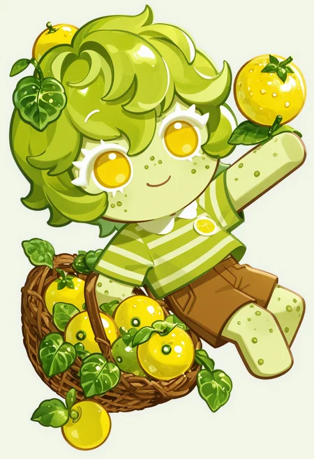 masterpiece,best quality,amazing quality,
colored eyelashes,white eyelashes,
green and yellow striped shirt,brown shorts,gooseberry-themed accessories,playful pose,solo,full body,simple background,(fruit theme:1.1),(garden theme:1.1),messy green hair,bright yellow eyes,holding gooseberry basket,freckled skin,cheerful smile,
crk1styl111,<lora:lycoris:1>,(chibi:1.4),