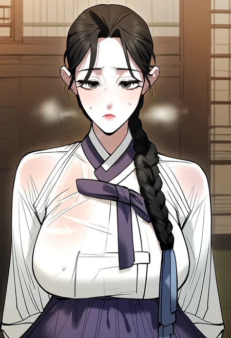 score_9, score_8_up, score_7_up, score_6_up, source_anime, rating_explicit, <lora:neg4all_bdsqlsz_V3.5:2.0>1girl, solo, huge breasts, <lora:Lee Eunhaponyxl:1> black hair, braided ponytail, long hair, black eyes, brown hair, brown eyes, hair ribbon, blue ribbon, white shirt, purple skirt, hanbok, korean clothes, long sleeves, expressionless, Narrow shoulders, heavy breathing, steaming body, dining room, indoors