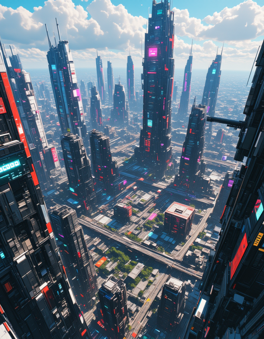 <lora:SW_Minis_7fluxc:1> huge cyberpunk city with some mega structures, epic scale, disorganized city, illuminated, day, aerial view, some clouds, roads, highways, colorful, epic details,