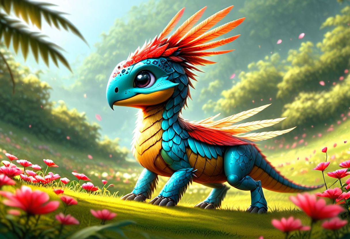 An adorable with big tits ladybug-flamingo hybrid creature with flower petal-like feathers, standing in a field of pink and red flowers, hyperrealistic, using the EasyNegative model. The creature should be extremely detailed, following HK style, and appear as if made from wooden art. The scene should also include elements of an insectosaur. Ensure the overall image is whimsical and enchanting