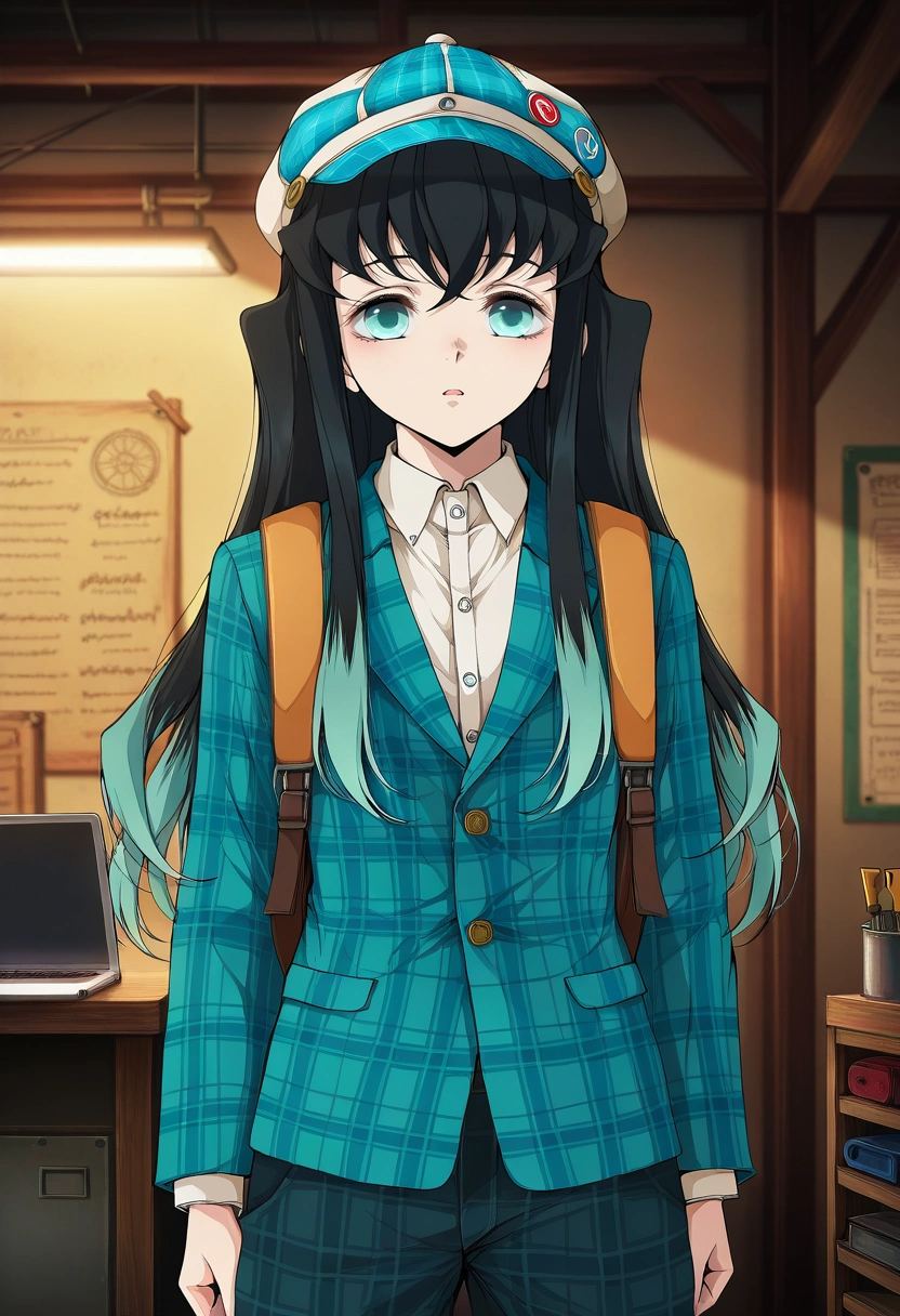 masterpiece, best quality, intricate details, anime screencap, anime coloring, official style, , , 1boy, solo, male focus, <lora:muichirou_tokitou_ilxl:0.94>, muichirou_tokitou, black hair, aqua eyes, long hair, bangs, hair between eyes, sidelocks, multicolored hair, two-tone hair, gradient hair, aqua hair, tech workshop, robot parts, tool benches, testing areas, building pose, focused expression, workshop lighting, Tribal Board pants, Plaid blazer, , Gatsby cap, Laptop Sleeve Backpack and