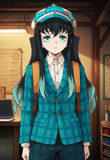 masterpiece, best quality, intricate details, anime screencap, anime coloring, official style, , , 1boy, solo, male focus, <lora:muichirou_tokitou_ilxl:0.94>, muichirou_tokitou, black hair, aqua eyes, long hair, bangs, hair between eyes, sidelocks, multicolored hair, two-tone hair, gradient hair, aqua hair, tech workshop, robot parts, tool benches, testing areas, building pose, focused expression, workshop lighting, Tribal Board pants, Plaid blazer, , Gatsby cap, Laptop Sleeve Backpack and