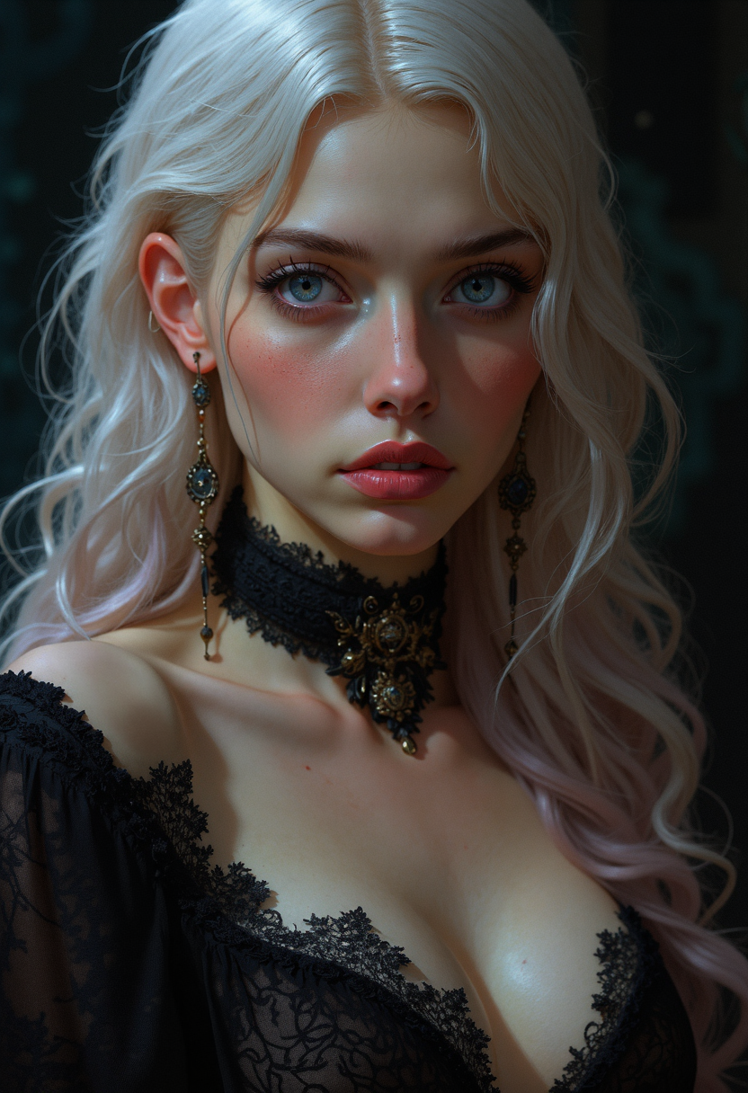  A highly detailed, photorealistic close-up portrait of a stunning young woman with long, flowing platinum blonde hair subtly tinted with pink. Her piercing blue eyes gaze directly at the viewer with a captivating intensity. She wears bold red lipstick and soft, luminous makeup that enhances her delicate features. Her attire is a gothic-inspired black lace top with intricate detailing, paired with a black choker adorned with subtle gold accents. Her look is completed with ornate, dangling black earrings that complement her gothic aesthetic. The background is softly blurred with dark, moody tones, creating a mysterious and elegant atmosphere. The lighting is soft and directional, casting a gentle glow on her face and highlighting her ethereal beauty.
 <lora:flux.1_lora_flyway_Epic-detail_v2:0.7> <lora:VividlySurreal:0.6>