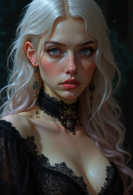 A highly detailed, photorealistic close-up portrait of a stunning young woman with long, flowing platinum blonde hair subtly tinted with pink. Her piercing blue eyes gaze directly at the viewer with a captivating intensity. She wears bold red lipstick and soft, luminous makeup that enhances her delicate features. Her attire is a gothic-inspired black lace top with intricate detailing, paired with a black choker adorned with subtle gold accents. Her look is completed with ornate, dangling black earrings that complement her gothic aesthetic. The background is softly blurred with dark, moody tones, creating a mysterious and elegant atmosphere. The lighting is soft and directional, casting a gentle glow on her face and highlighting her ethereal beauty.
<lora:flux.1_lora_flyway_Epic-detail_v2:0.7> <lora:VividlySurreal:0.6>