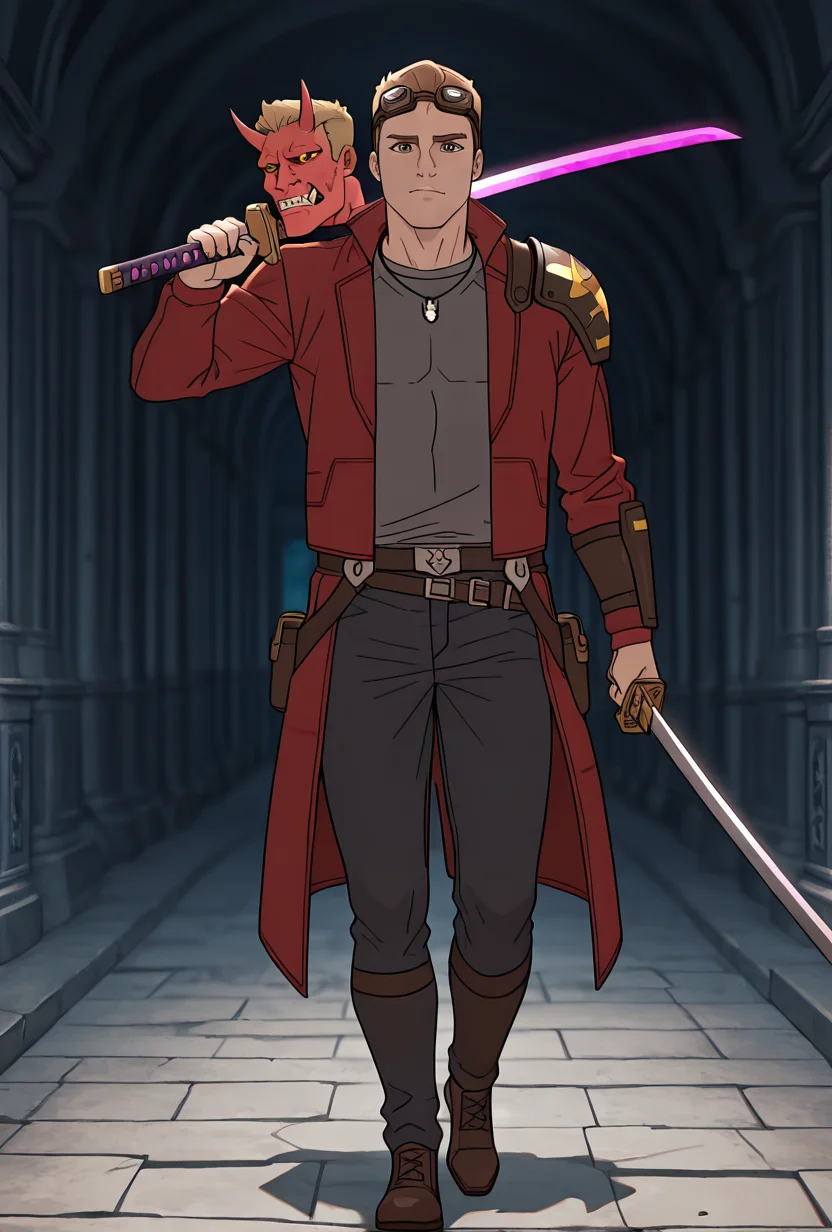 <lora:starlord-10:1> starlord, 1boy, dirty blonde hair, red jacket, gray shirt, short hair, open jacket, looking at viewer, goggles on head, head goggles, full body, long red coat, , black jeans, holding purple sword, ((oni demon mask as shoulder guard, )), loose belt, black necklace, samurai aesthetic, shirt print,, masterpiece, best quality, amazing quality, very aesthetic, absurdres, newest,
