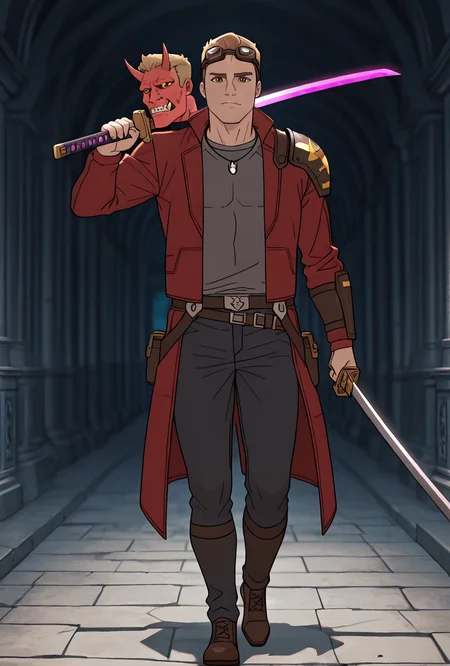 <lora:starlord-10:1> starlord, 1boy, dirty blonde hair, red jacket, gray shirt, short hair, open jacket, looking at viewer, goggles on head, head goggles, full body, long red coat, , black jeans, holding purple sword, ((oni demon mask as shoulder guard, )), loose belt, black necklace, samurai aesthetic, shirt print,, masterpiece, best quality, amazing quality, very aesthetic, absurdres, newest,