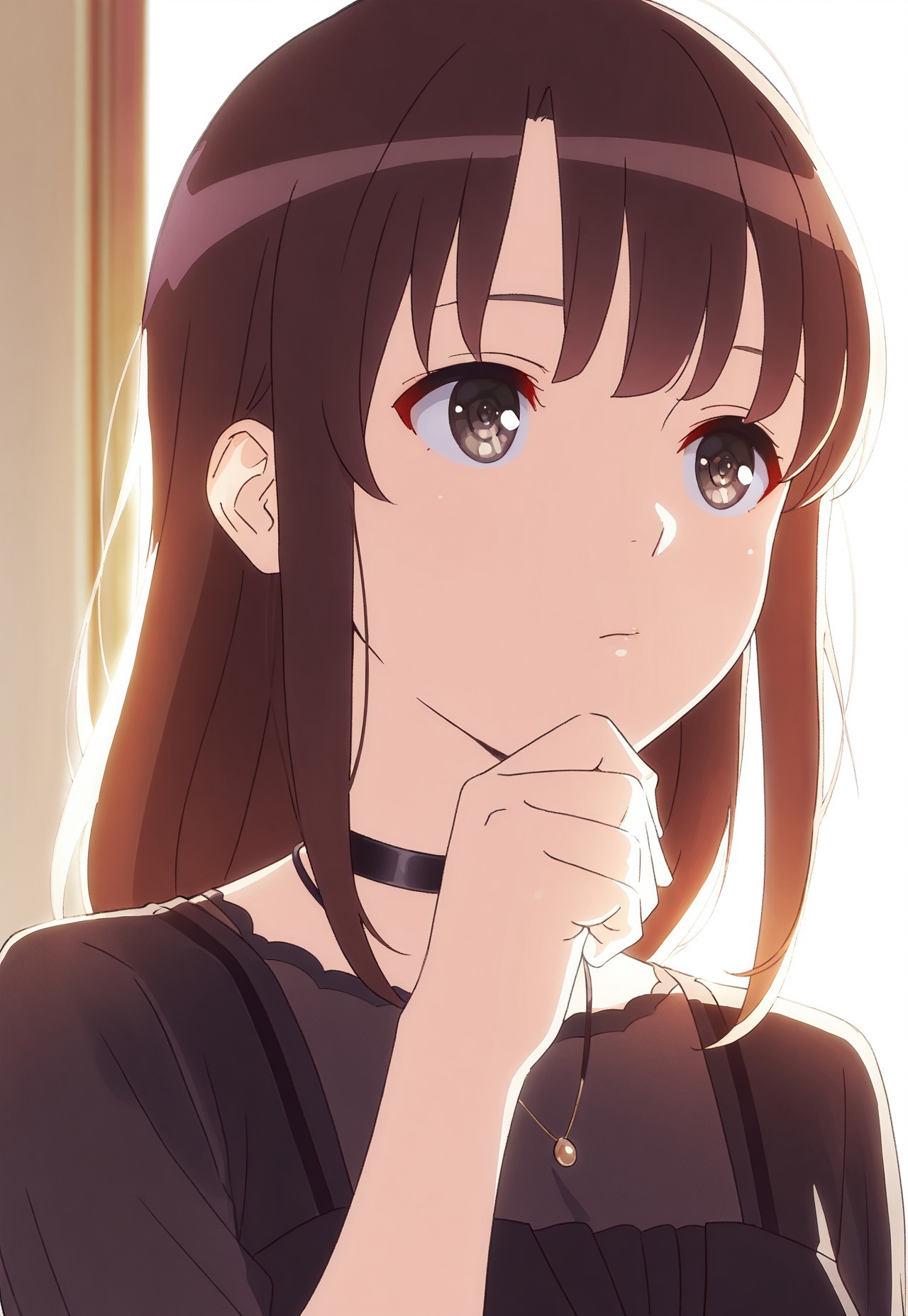 masterpiece,best quality,amazing quality, <lora:megumikatoIL:1>, katomegumi, animated, 1girl,solo,brown hair,bangs,brown eyes,pupils, long hair, black collar, black dress, hand up, jewelry, portrait, thinking, backlighting, (eye fix),(finger fix)