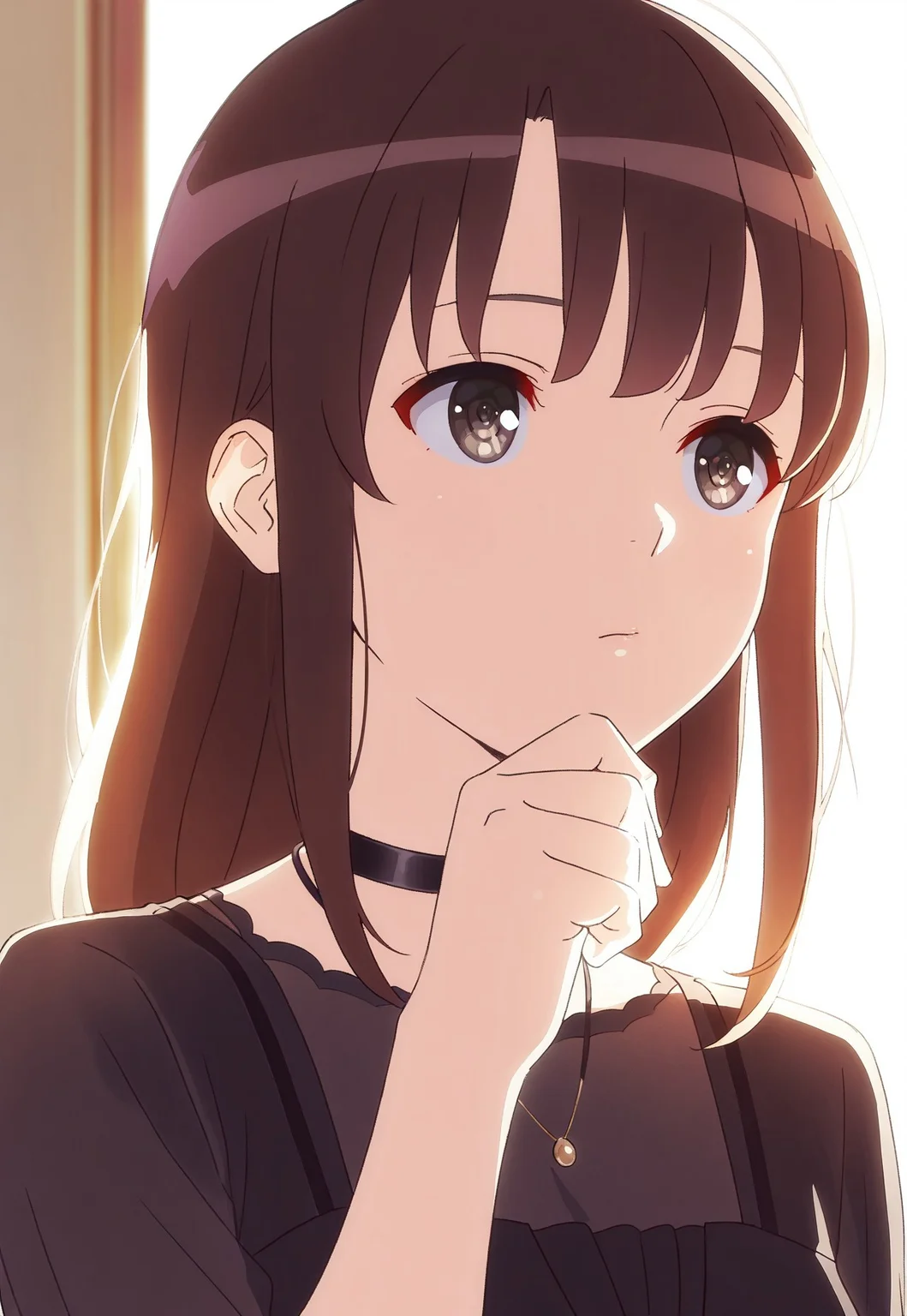masterpiece,best quality,amazing quality, <lora:megumikatoIL:1>, katomegumi, animated, 1girl,solo,brown hair,bangs,brown eyes,pupils, long hair, black collar, black dress, hand up, jewelry, portrait, thinking, backlighting, (eye fix),(finger fix)