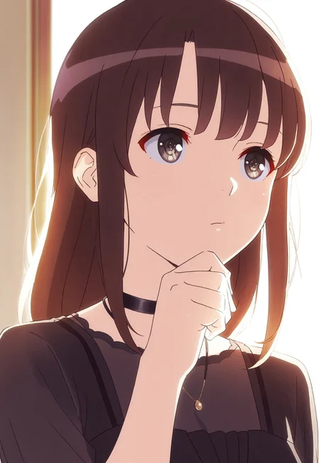 masterpiece,best quality,amazing quality, <lora:megumikatoIL:1>, katomegumi, animated, 1girl,solo,brown hair,bangs,brown eyes,pupils, long hair, black collar, black dress, hand up, jewelry, portrait, thinking, backlighting, (eye fix),(finger fix)