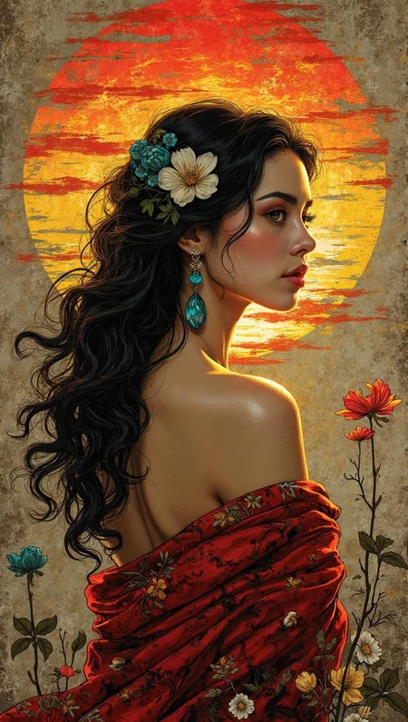 <lora:C961F5452BBFDF8587D0391BDA01EF9A8786CE774B64BA28C4F7167702749040.safetensors:1> a graffittistickerbombed illustration,
In a frame as richly textured as the finest woven tapestry, the scene unfolds with a delicate balance of mystery and enchantment. A woman, approximately 40 years of age, with dark, wavy hair that cascades over her shoulders, stands against a backdrop that seems to split the world in two. Her profile, carved with the precision of a sculptor's hand, is set against a seamless blend of fiery red and warm yellow, as if the dawn itself has come to rest upon the canvas.
Her expression, a complex interplay of stoic calm and subtle defiance, is enhanced by the soft, diffused light that casts a gentle shadow, accentuating the contours of her face. The air around her shimmers with a muted sepia hue, broken only by the vibrant jewels of her attire—turquoise earrings that dangle like droplets of water, and a scarlet sash that wraps around her waist, a testament to the tension between elegance and the undercurrent of rebellion.
Her hair, adorned with delicate flowers that echo the scarlet backdrop, flows in a cascading pattern, suggesting a harmony between beauty and the chaos that lies beneath. The soft, warm lamplight casts a glow that envelops her, creating a surreal, dreamlike atmosphere. The environment, painted in tones of taupe and misty gray, is punctuated by these vibrant accents, drawing the eye to the intricate textures and flowing motifs that seem to come alive in the soft, diffused light.
This moment, suspended in time, breathes with an artistic vibrancy that hints at deeper, unspoken narratives, where the lines between reality and imagination blur, and the silent stories of her soul whisper through the shadows.
