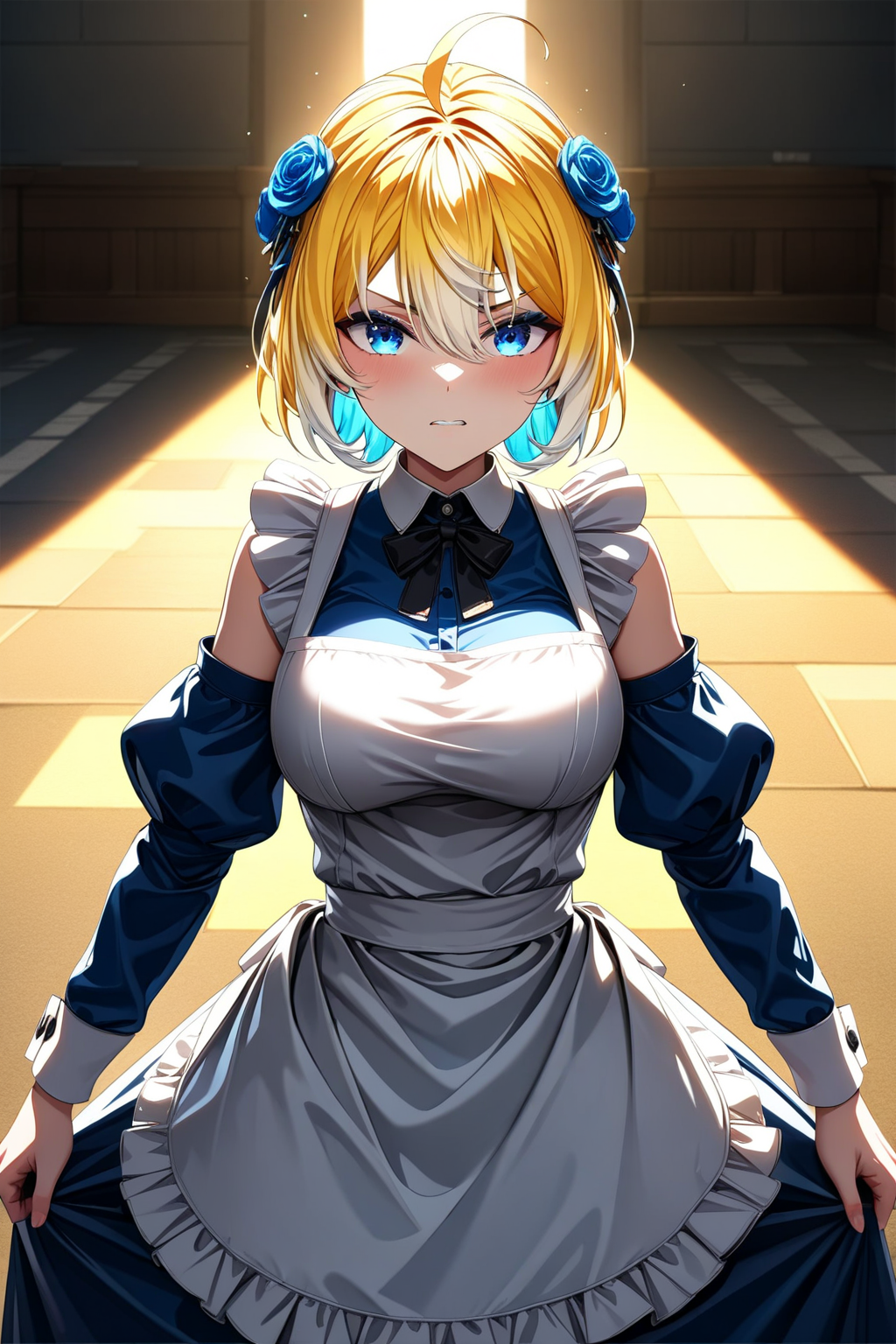 16k, 8k, 4k,
best quality, extremely detailed fine touch, hyper detailed, highly detailed, top quality, extreme quality, ultra details, absurdres, masterpiece,
amazing details, beautiful illustration, detailed face,
high resolution, highres,
digital painting, anime,
very aesthetic, natural light, sun light, light rays, dappled light, reflection, shadows, ray tracing, soft lighting,
bright colors, vivid colors, hdr, volumetric lighting,
<lora:Planya(sdxl):0.8> Planya, 1girl, blonde hair, (multicolored hair:1.5), blue hair, blue hair ends, blue eyes, ahoge, hair between eyes, bangs, looking at viewer,maid, angry face, detached sleeves, hair ornament, hair flower, large breasts, long sleeves, puffy sleeves, white apron, black bow, maid apron