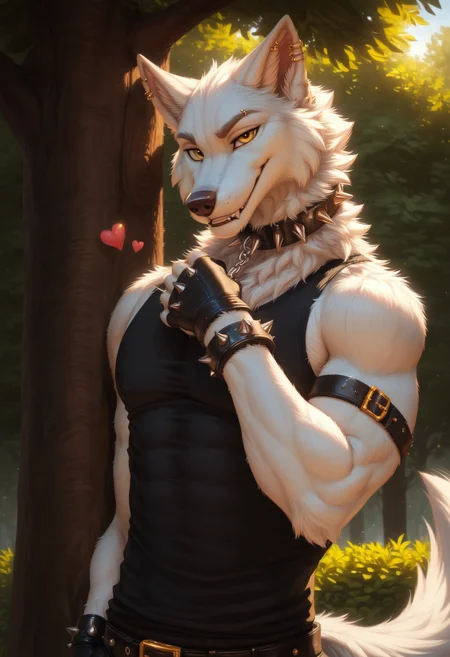 score_9, score_8_up, score_7_up, score_6_up, 1anthro, 1human, male, , furry, detailed fur, anthro, eyes, , perfect face, detailed eyes, perfect eyes, sexy, sexy boy, beautiful eyes, perfect cute face, petite body, face focus, low angle, close up, looking at viewer, face focus, outdoors, detailed lighting, detailed background,
smug expression, floating hearts, eye focus, smug, pleased, mischievous, smirk, seductive pose, outdoors, park, leaning against tree, , flirty, flirting with viewer, posing, seductive pose, posing for viewer, seductive, upper body, portrait, smiling, loving
bedroom eyes, detailed eyes, perfect eyes, beautiful eyes, , detailed fur, tail, yellow eyes, realistic fur, , solo, 1 boy, young, (((handsome, detailed face and eyes))), wolf, white wolf, solo, white detailed fluffy fur , realistic yellow eyes, neck fluff, yellow eyes, extremely detailed eyes, wolf, bara, muscular, toned , Haruki, anthro wolf, Haruki_Koizumi, sexy, black tank top with red stripes, black armband on upper left arm, finger-less glove on hands, spiked bracelet on left wrist, black spiked collar on neck, gold piercings on left ear, jewelry, black clothing, black belt, wolf tail, bottomless, shirt, gloves, jewelry, ass focus, earrings, sleeveless, belt, gloves, collar, bracelet, chain, piercing, spikes, spiked collar, anthro wolf hands, claws, detailed anthro hands, detailed fluffy fur, white fur, red pattern on top, <lora:Haruki_Koizumi_-_Tennis_Ace:0.6>
tail, uncensored,
<lora:princess_xl_v1:1> <lora:Expressive_H:0.8> <lora:g0th1cPXL:0.45> <lora:incase-ilff-v3-4:0.3>, canine mouth, sharp teeth,
<lora:CleanDetailed_Eyes:0.25> <lora:Better_caninefeline_mouth:0.2>