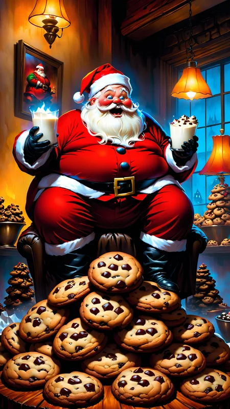 comic book artwork in dgst artstyle and in the style of esao andrews , a morbidly obese yet exceedingly happy Santa sits atop a giant pile of chocolate chip cookies, in a warmly lit north pole bakery, holding one glass of milk, clothed, uhd, 8k, bright and vivid colors, intense lighting, award winning masterpiece, extremely detailed, cinematic, complex and multidimensional lighting,   <lora:FF-Style-ESAO-Andrews-LoRA:1>,   <lora:SDXL1.0_Essenz-series-by-AI_Characters_Style_DarkestDungeonChrisBourassa-v1.1:1>