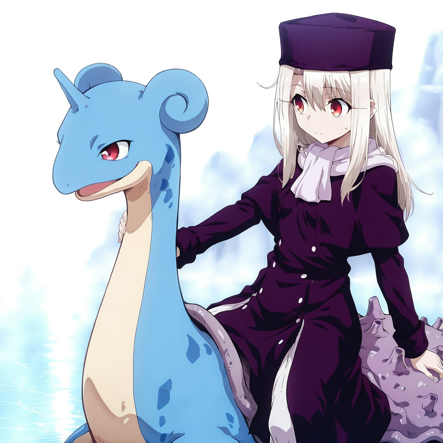 high contrast, masterpiece, best quality, amazing quality, very aesthetic, high resolution, ultra-detailed, 1girl, solo, masterpiece, best quality, amazing quality, fine details, Illyasviel, solo, breasts, flat breasts, white hair, long hair, hair between eyes, red eyes, purple headwear, papakha, white scarf, purple capelet, purple coat, long sleeves, purple coat, coat dress, long dress, white scarf, zzLapras, riding, 
