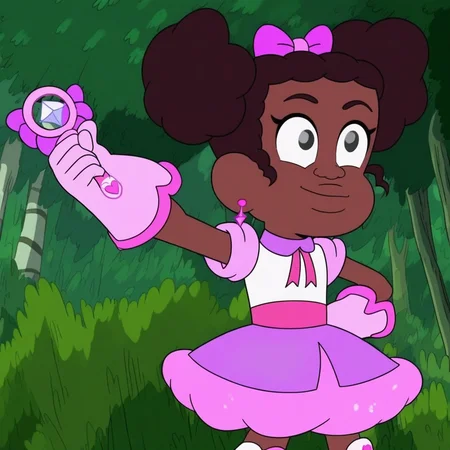 pink bow on her head, dark brown hair, score_9, expressive eyes, solo, standing, hot pink ribbon collar, smile, full body, shiny grey eyes, hot pink crystal earrings, light pink gloves, white and pinkboots, hot pink ribbon around her waist, dark brown eyebrows, 1girl, two poufy side buns, pink skirt, holding a pink wand, in a forest, white top with light pink rolled-up sleeves, brown skin, sparklec_cotc