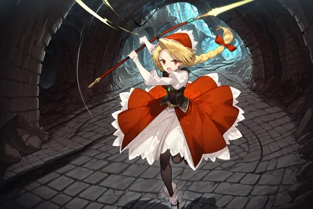 cordelia,noco_(adamas),wada_arco,masterpiece,best quality,good quality,1girl,solo,dress,puffy sleeves,long sleeves,black pantyhose,holding_spear,fantasy,
(swinging a long spear:1.3),jumping,charging,charge
open mouth,angry,solo.
sewer,stone pavement,underground,