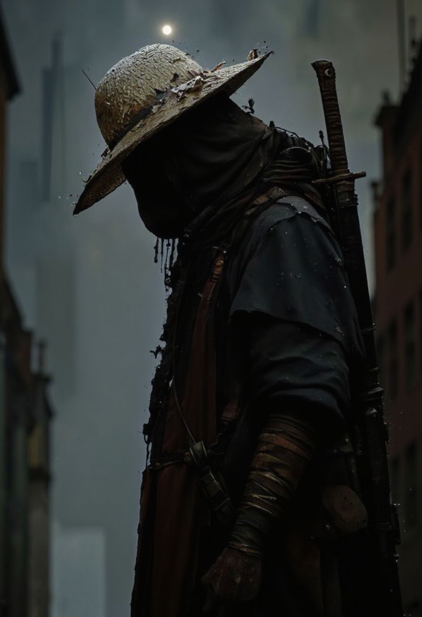 A dark silhouette materializes at the end of an alley, the figure of a lone Cyber Samurai/ninja cloaked in a tattered, flowing robe. His face is partially hidden by the brim of a straw hat, water cascading from its edge. The dim light from the moon glances off the polished hilt of a katana strapped across his back. His posture is tense but deliberate, as if he senses eyes watching him from the shadows. The raindrops drum on his hat, creating a rhythmic, echoing sound.