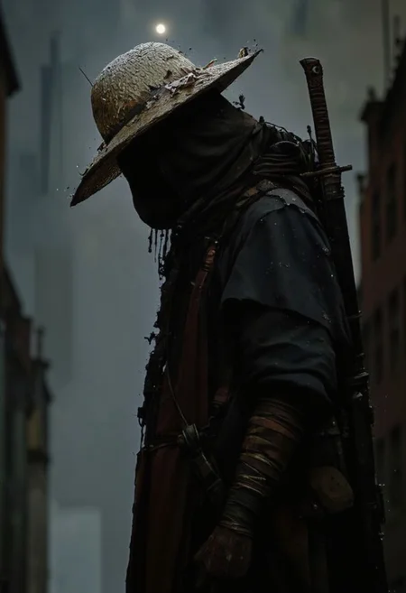 A dark silhouette materializes at the end of an alley, the figure of a lone Cyber Samurai/ninja cloaked in a tattered, flowing robe. His face is partially hidden by the brim of a straw hat, water cascading from its edge. The dim light from the moon glances off the polished hilt of a katana strapped across his back. His posture is tense but deliberate, as if he senses eyes watching him from the shadows. The raindrops drum on his hat, creating a rhythmic, echoing sound.