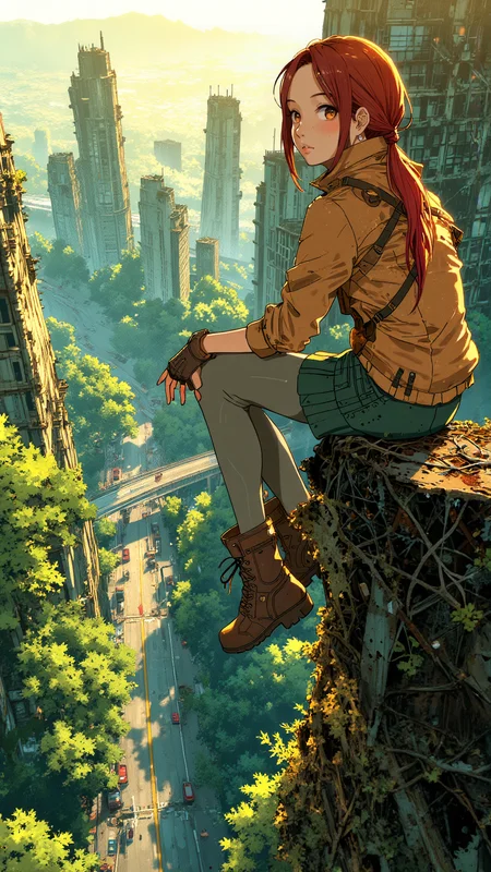 High-resolution anime-style illustration with bold painterly textures, blending post-apocalyptic and nature-reclaimed aesthetics. A young woman sits at the edge of a crumbling skyscraper, her legs dangling over the vast ruins of a once-great city now overtaken by nature. Below her, the remnants of streets and buildings are drowned in towering trees, thick vines, and lush greenery, the rooftops barely visible beneath the dense forest canopy. Golden sunlight filters through the mist, illuminating the massive roots and foliage weaving through shattered glass and rusted steel.
Her long auburn hair, tied into a loose side braid, shifts slightly in the breeze, a few strands catching the light. Her curious amber eyes scan the wild expanse below, her lips slightly parted in quiet awe. She wears a fitted, high-collared explorerâs jacket, rolled-up sleeves revealing fingerless gloves, paired with a short pleated utility skirt over leggings and sturdy boots, perfect for traversing the remnants of civilization.
The city stretches endlessly beneath her, skyscrapers reduced to moss-covered skeletons, their facades cracked and overtaken by cascading ivy and thick roots. A broken highway bridge disappears into the forest, its supports barely holding against time. The soft haze of morning light, combined with painterly strokes of deep greens and golden highlights, captures the haunting beauty of a world reborn through nature, a moment of quiet solitude above an endless, forgotten metropolis. <lora:Blue_Future:0.7000000000000001> <lora:Evangelion_Post-impact_Apocalyptic_Style_Flux.1_D_by_AutoPastel-000019:0.9> <lora:Anime_v1.3:0.6>