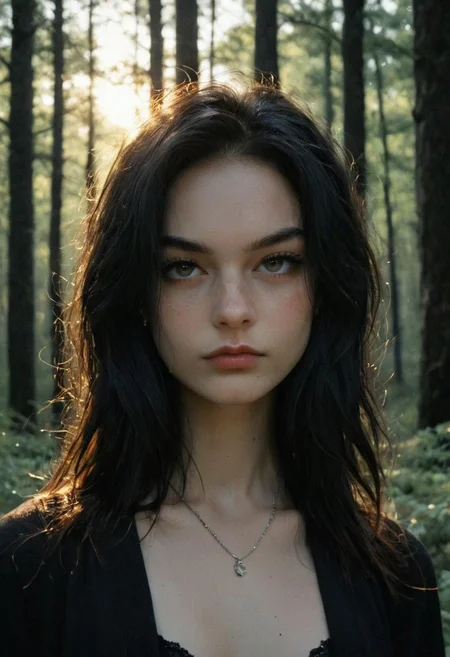score_9, score_8_up, score_7_up, score_6_up, grtdg, 1girl, beautiful, long black hair, pale skin, small breasts, The catalyst, dark forest, dappled sunlight, upper body, looking at viewer, Cinematic Hollywood Film, Cinematic Hollywood Film style, Warm Lighting Style, Goth girl, Goth girl 1girl, reddit, low quality, traditional media, amateur, real life photo, raw, film grain, perfecteyes
