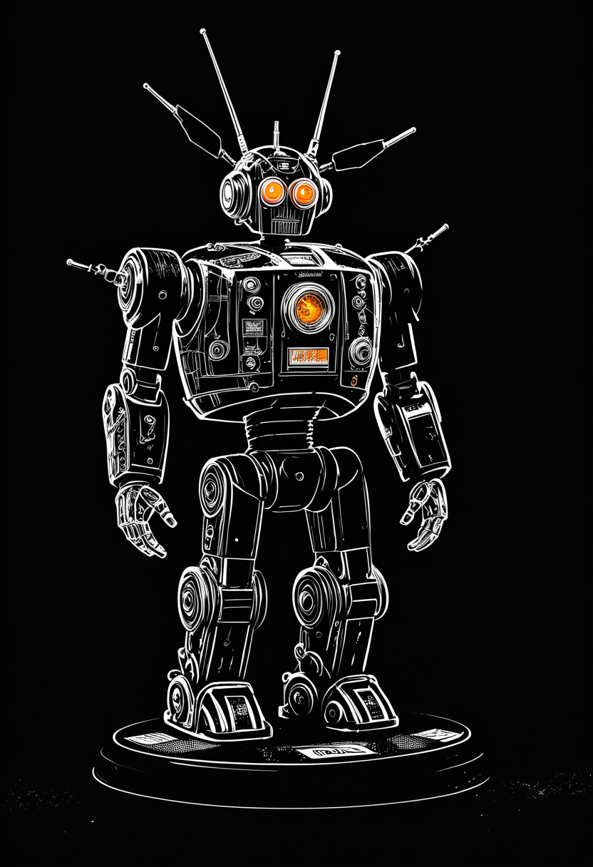 monoprone, Depicts a detailed, mechanical robot with a vintage aesthetic. The robot is predominantly orange and silver in color, with a glossy finish that reflects light. It has a robust, humanoid form with articulated limbs and a robust torso. The head is equipped with a helmet that has a green visor, and there are two antennae protruding from the top. The body of the robot is adorned with various mechanical components, including gears, pipes, and tubes. There are circular labels on the robot's torso, one of which reads 'TEMPERED'. The robot stands against a dark background, emphasizing its vibrant colors and intricate design., solo, simple background, standing, weapon, signature, no humans, military, black background, robot, mecha, science fiction, machinery, realistic, logo, antennae, emblem, cannon, retro artstyle, cable, arm cannon, dirty, damaged, hose, radio antenna, non-humanoid robot, lights, reference inset, wheel, redesign, energy cannon, roundel, walker \(robot\)