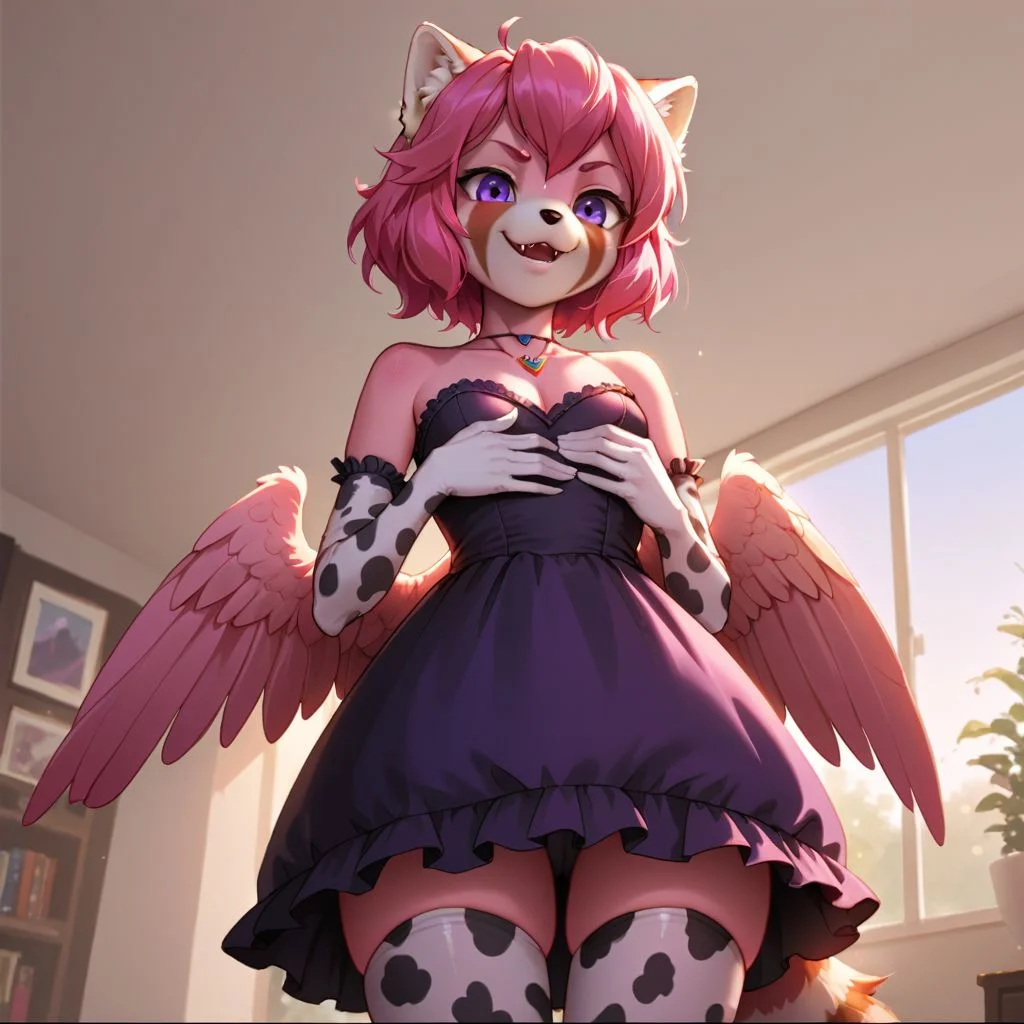score_9, score_8_up, score_7_up, source_anime, source_cartoon, mrls, idemitsu, rating_questionable,
1girl, solo focus, two-tone skin, furry, anthro, slim, red panda, black and pink skin, pink wings, pink hair, necklace, purple eyes,
(frilly dress, cow_print_elbow_gloves_cow_print:1.5, thigh_highs), low angle, holding own breasts, skindentation, looking down at you, evil smirk, fang,
detailed background, apartment, balcony
