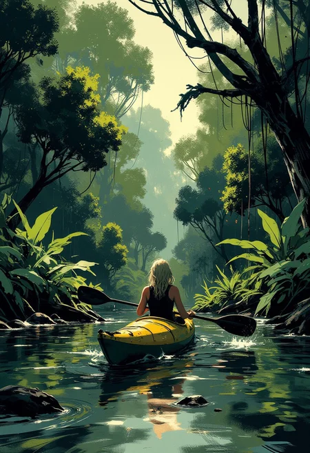 in the style of ck-mgs, nistyle, Special Ink-drawing mode, intricate linework with expressive contrasts, Mh1$AgThS2, blonde woman paddling a kayak up a tropical rainforest river, rainforest trees, vines, reflections, diffuse dim light