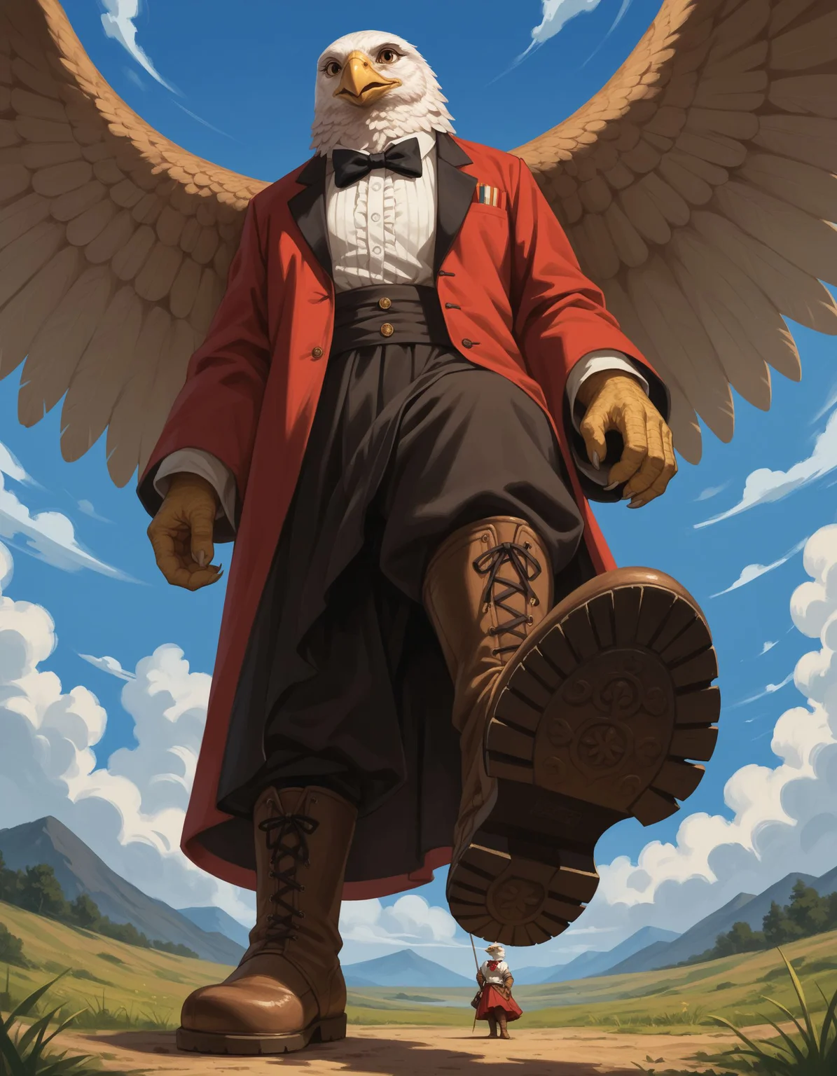 score_9, score_8_up, score_7_up, score_6_up, score_5_up, score_4_up, 1girl, furry, anthro, profound, (eagle wearing bow tie), with a cluster of ancient standing stones in the foreground,, hud_v4nspose, boots, shoe soles, from below, sky, cloud, outdoors, perspective, <lora:vans:0.6> ,