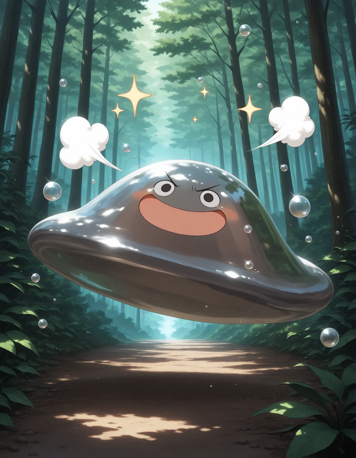 masterpiece,extreme detailed BREAK 1other,no humans,no_legs,day,outdoors,forest,
BREAK hagurin,:D,slime \(creature\),sparkle,bubble,<lora:hagurin-NAI:1>,doyagao,puff of air,v-shaped eyebrows,